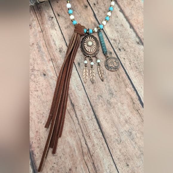 New Original Design Boho Western Brown Suede Cord With Beads & Charms Necklace - Picture 5 of 6
